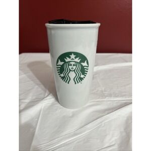 STARBUCKS Classic Green Mermaid Logo White Ceramic Traveler Mug Tumbler 12oz NWT